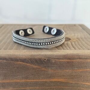 Bohemian Black Leather Silver-Tone Multi-Row Snap Cuff Bracelet
